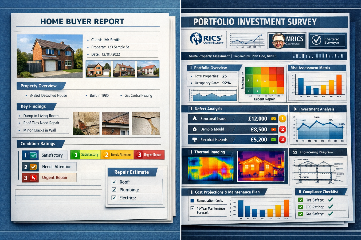 Detailed () image showing split-screen comparison of traditional residential survey report versus institutional-grade