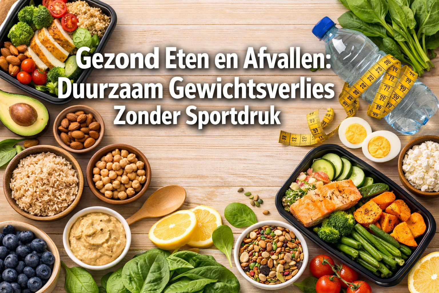 Professional landscape hero image (1536x1024) featuring bold text overlay 'Gezond Eten en Afvallen: Duurzaam Gewichtsverlies Zonder Sportdru