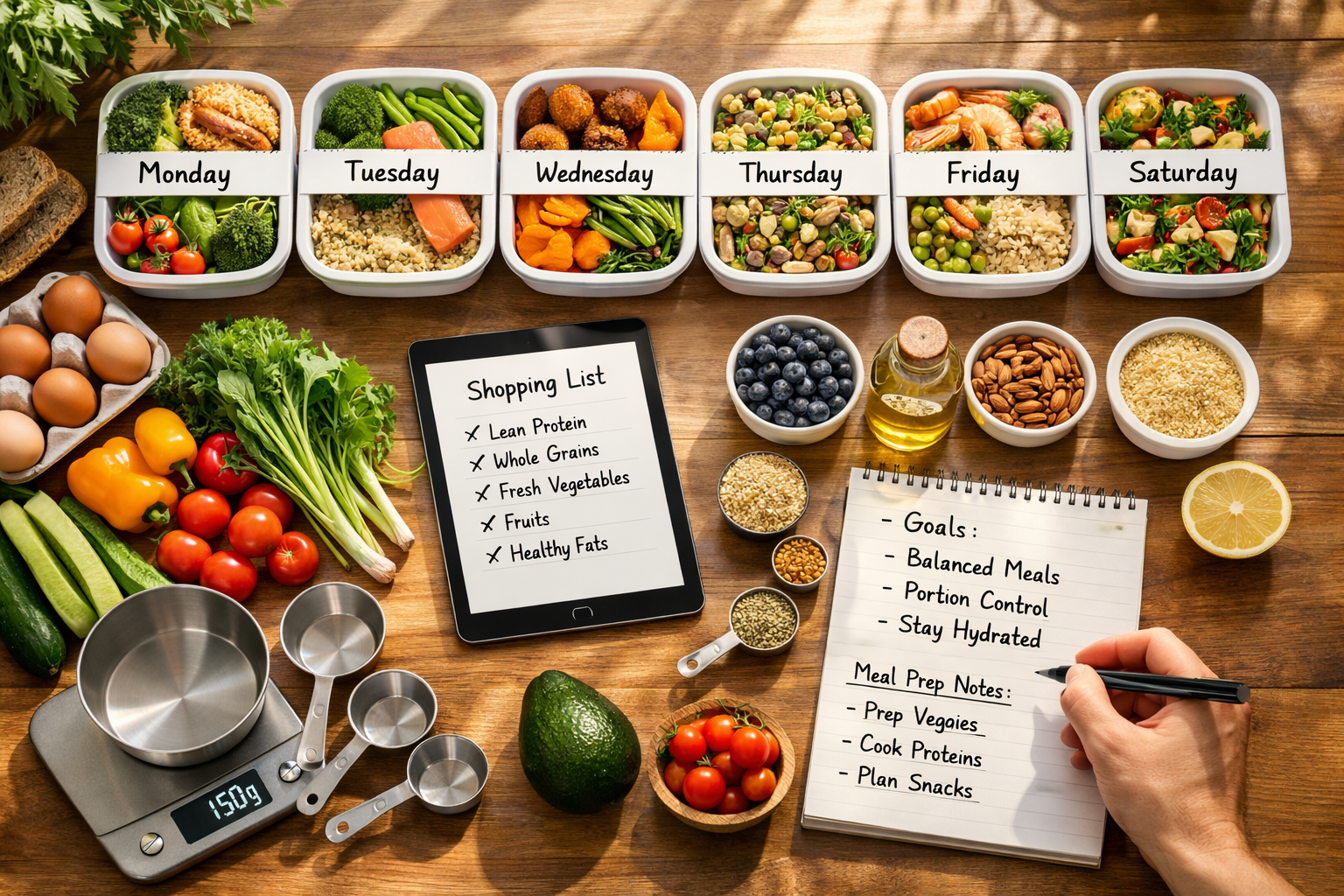 Landscape editorial image (1536x1024) depicting realistic meal planning scene for sustainable weight loss. Overhead view of kitchen counter