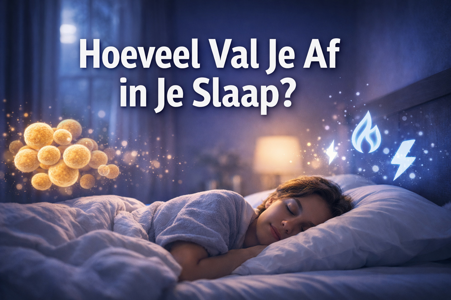 Professional landscape hero image (1536x1024) featuring bold text overlay 'Hoeveel Val Je Af in Je Slaap?' in extra large 72pt white sans-se