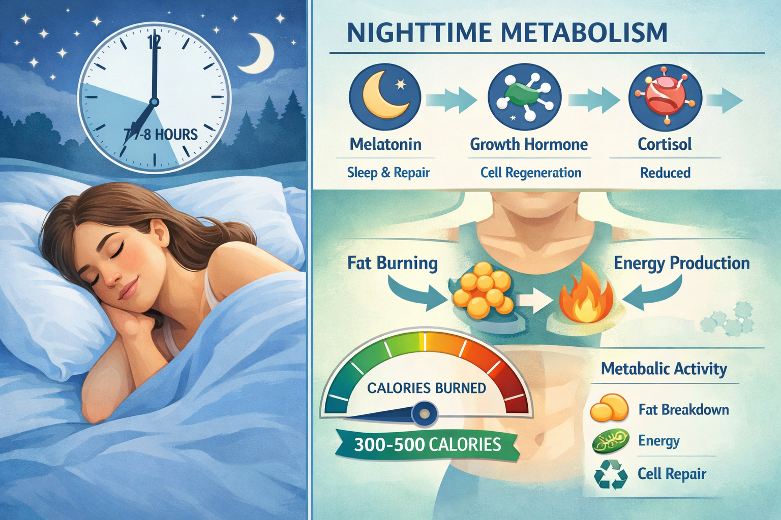 Detailed infographic illustration showing nighttime metabolism process during sleep, split-screen composition with sleeping person on left a
