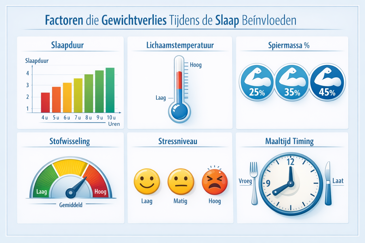 Comprehensive visual chart displaying factors affecting weight loss during sleep, organized grid layout showing six key elements: sleep dura