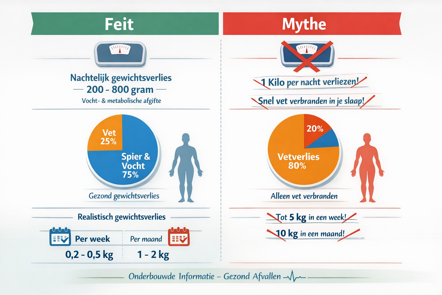 Scientific comparison infographic showing realistic weight loss expectations during sleep versus myths, split design with 'Feit' (fact) and