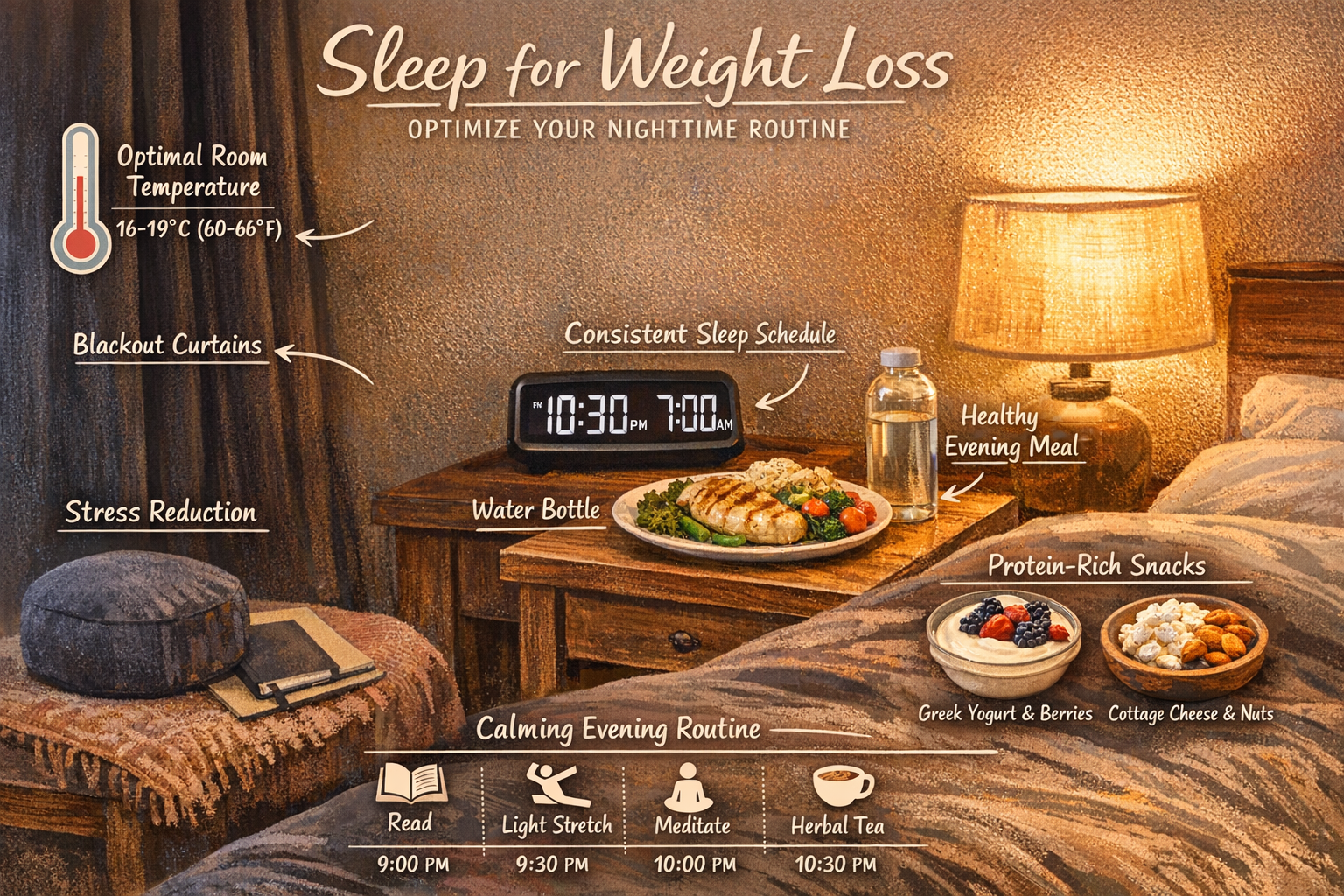 Practical lifestyle optimization visual guide for maximizing sleep-related weight loss, bedroom scene with annotated elements: optimal room