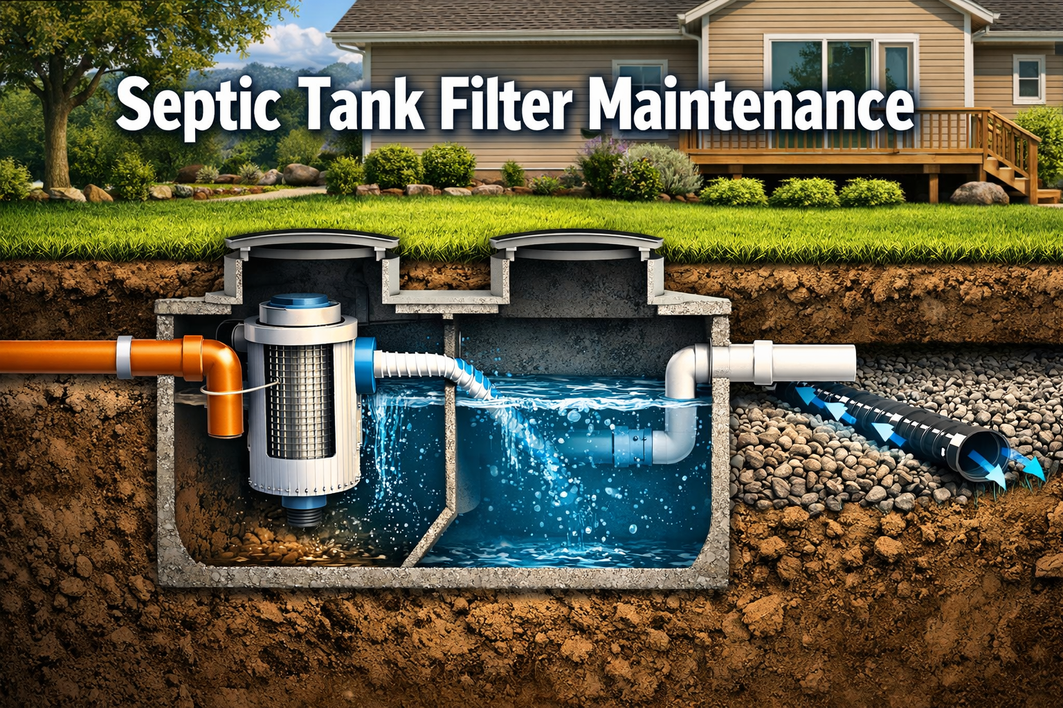 Professional landscape format (1536x1024) hero image with bold text overlay 'Septic Tank Filter Maintenance' in extra large 70pt white sans-