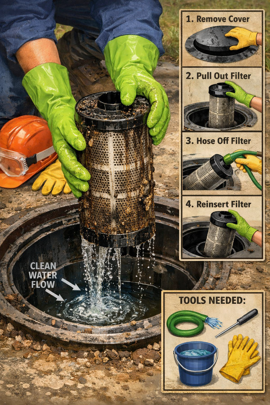 Portrait format (1024x1536) detailed illustration showing hands wearing rubber gloves removing a cylindrical septic tank filter from tank op