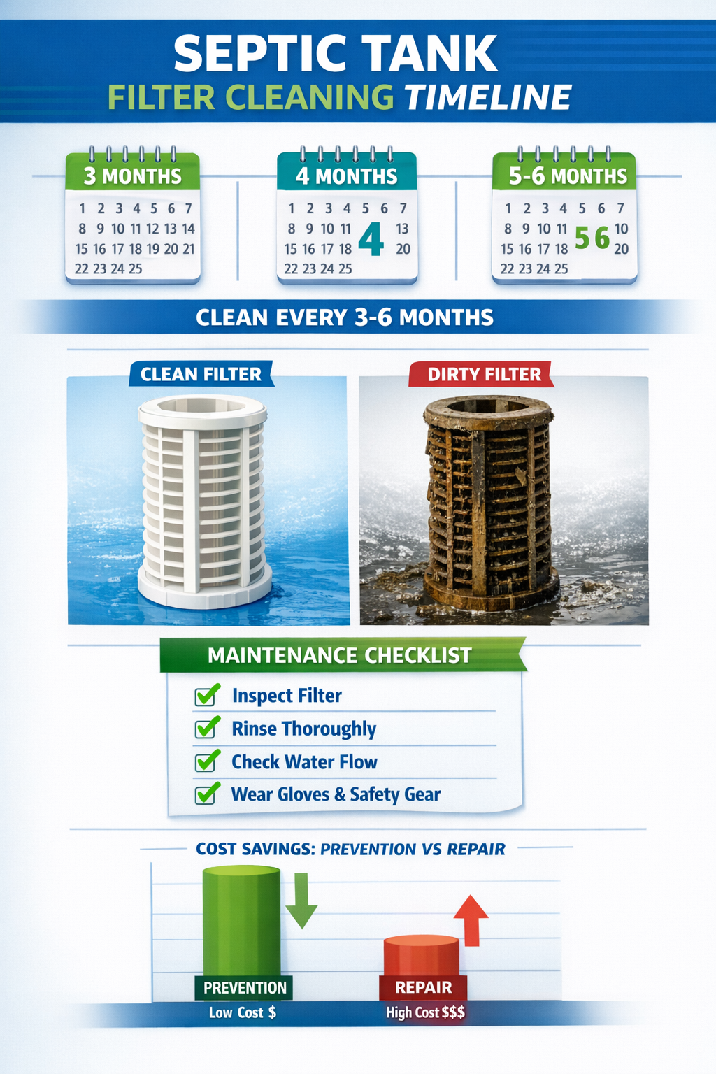 Portrait format (1024x1536) infographic showing septic tank filter cleaning timeline with calendar icons, 3-6 month intervals highlighted, v