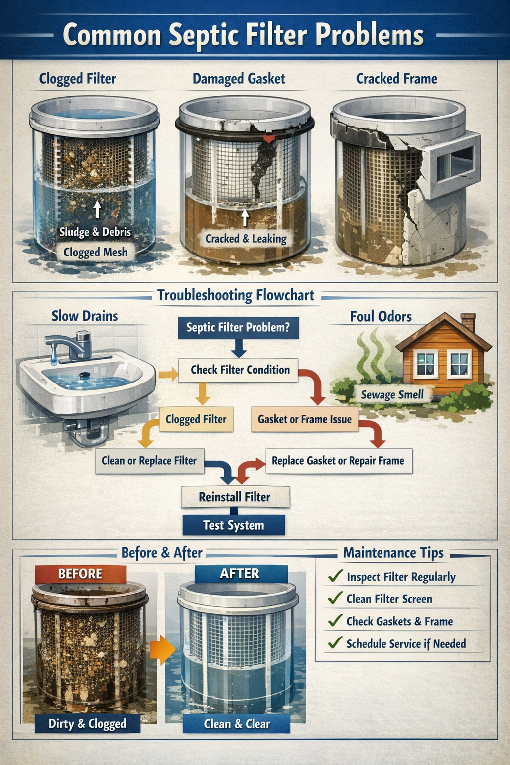 Portrait format (1024x1536) technical diagram showing common septic filter problems with cutaway views of clogged filter mesh, damaged gaske