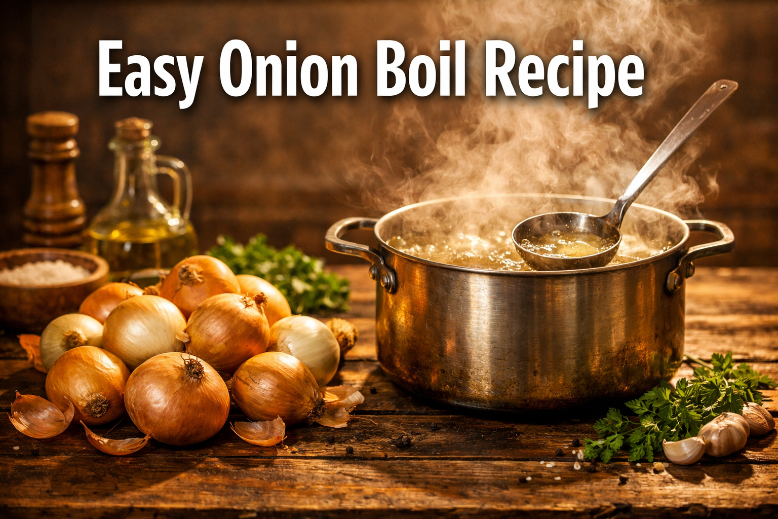 Professional landscape hero image (1536x1024) featuring bold text overlay 'Easy Onion Boil Recipe' in extra large 72pt white sans-serif font