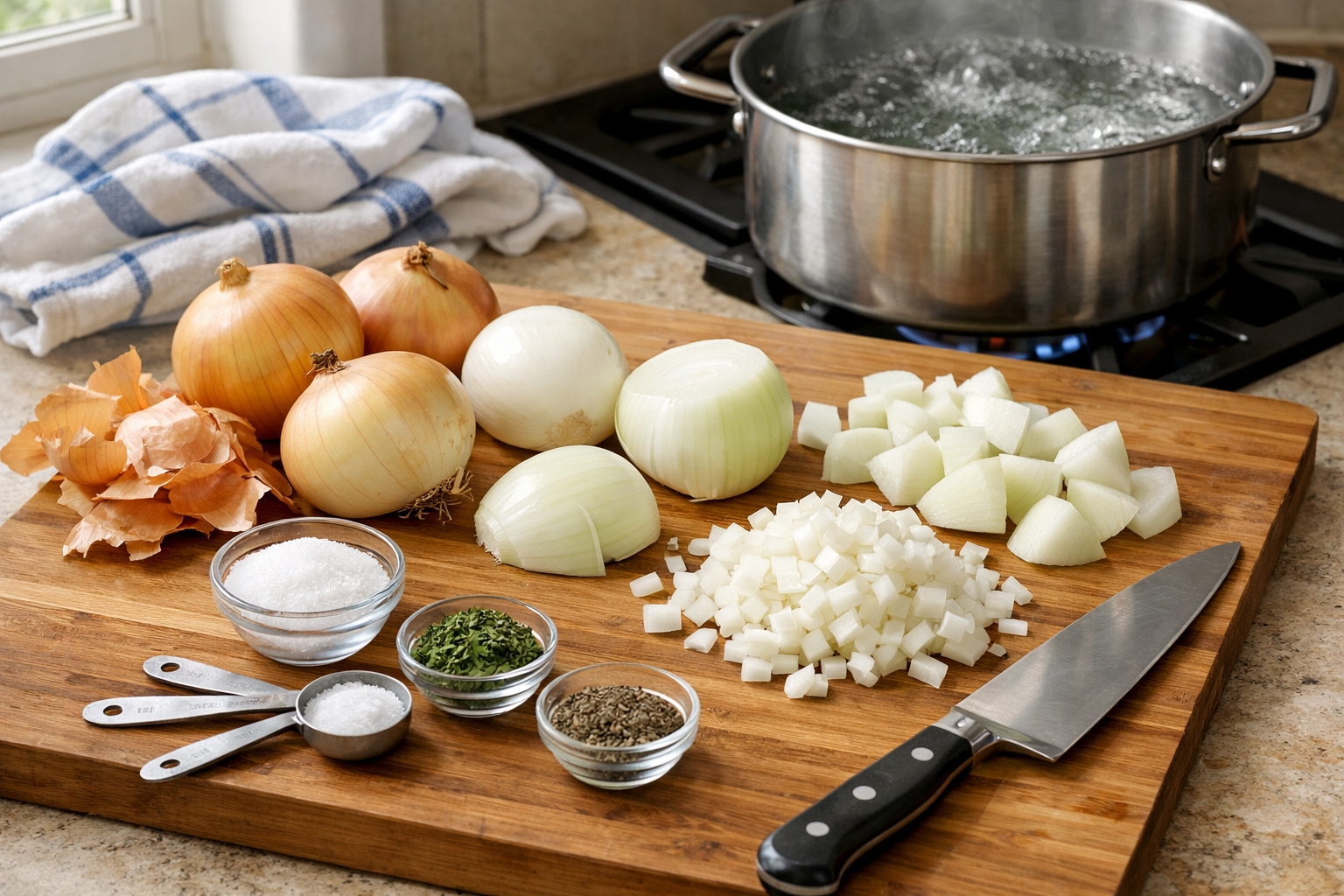 Landscape food photography (1536x1024) showing step-by-step onion boil preparation with fresh yellow and white onions being peeled and chopp