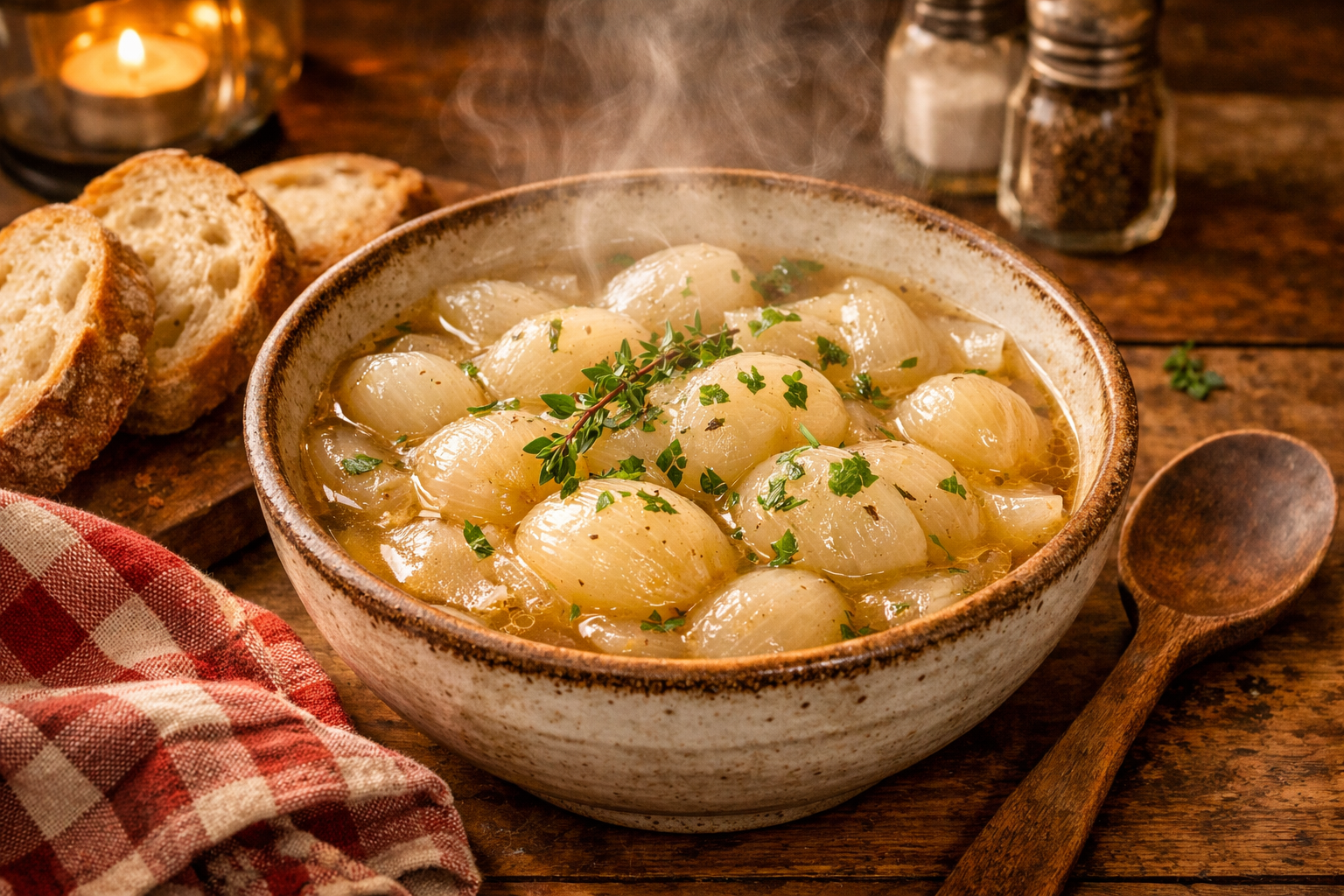 Landscape food photography (1536x1024) displaying finished onion boil recipe in rustic ceramic bowl with tender translucent onions, garnishe