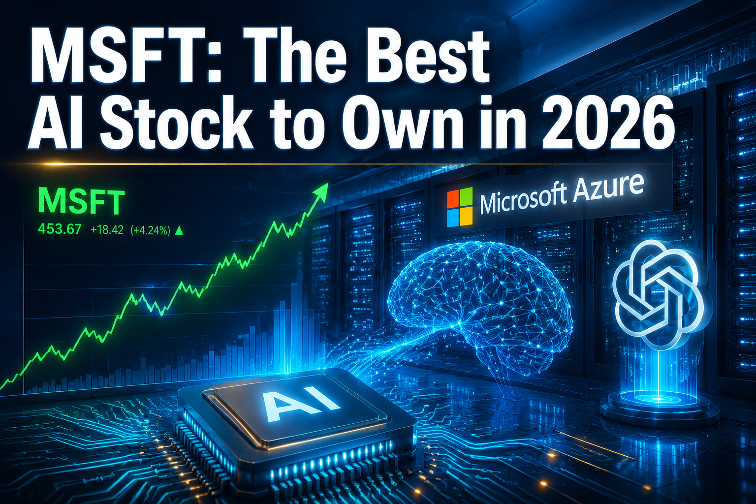 Professional () hero image featuring 'MSFT: The Best AI Stock to Own in 2026' in extra large white with subtle blue and dark