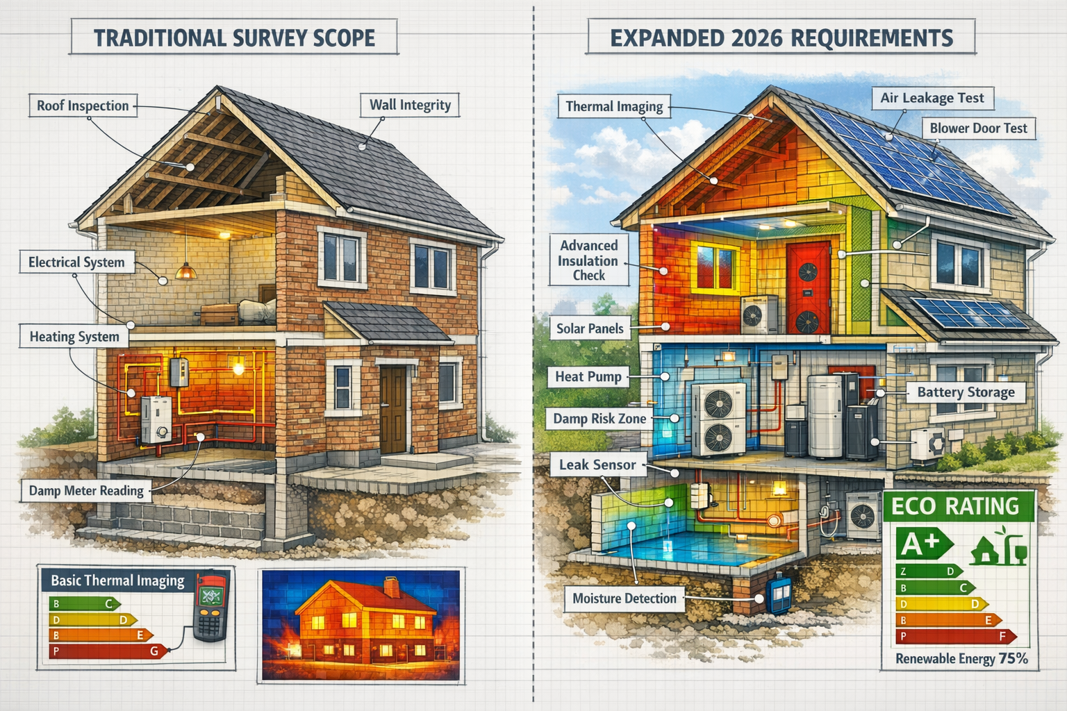 () detailed cutaway illustration of residential property showing multiple assessment layers: traditional structural elements