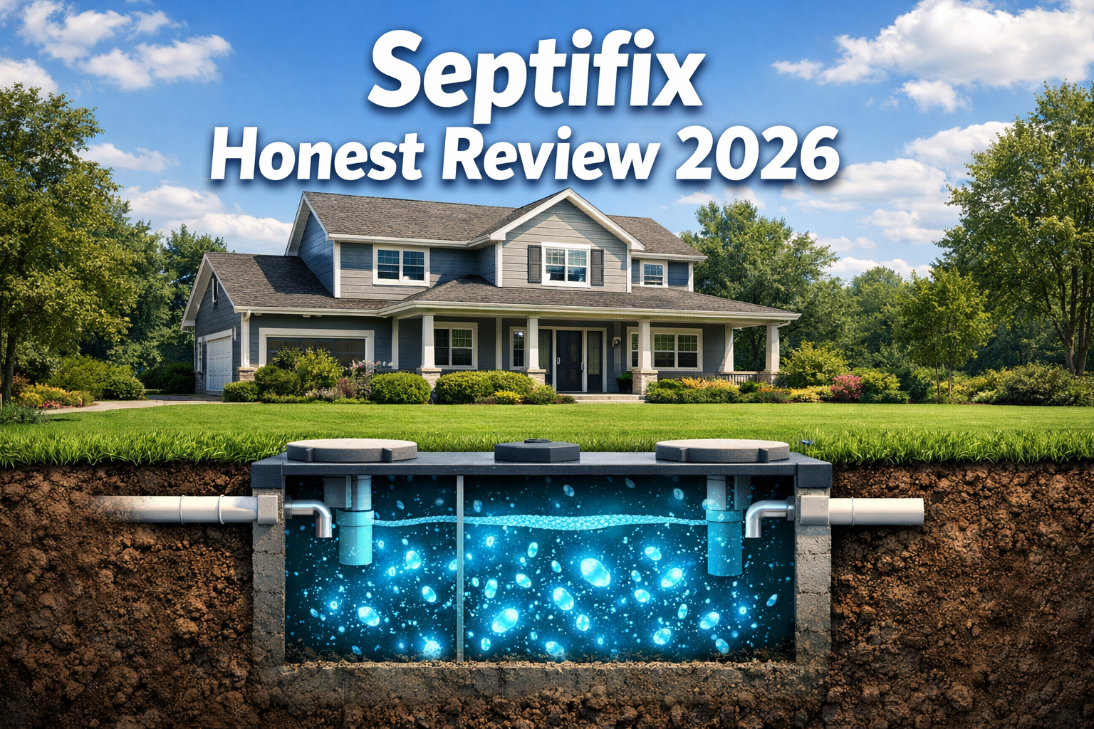 Professional () hero image with : 'Septifix Honest Review 2026' in extra large white with dark drop , centered upper third.