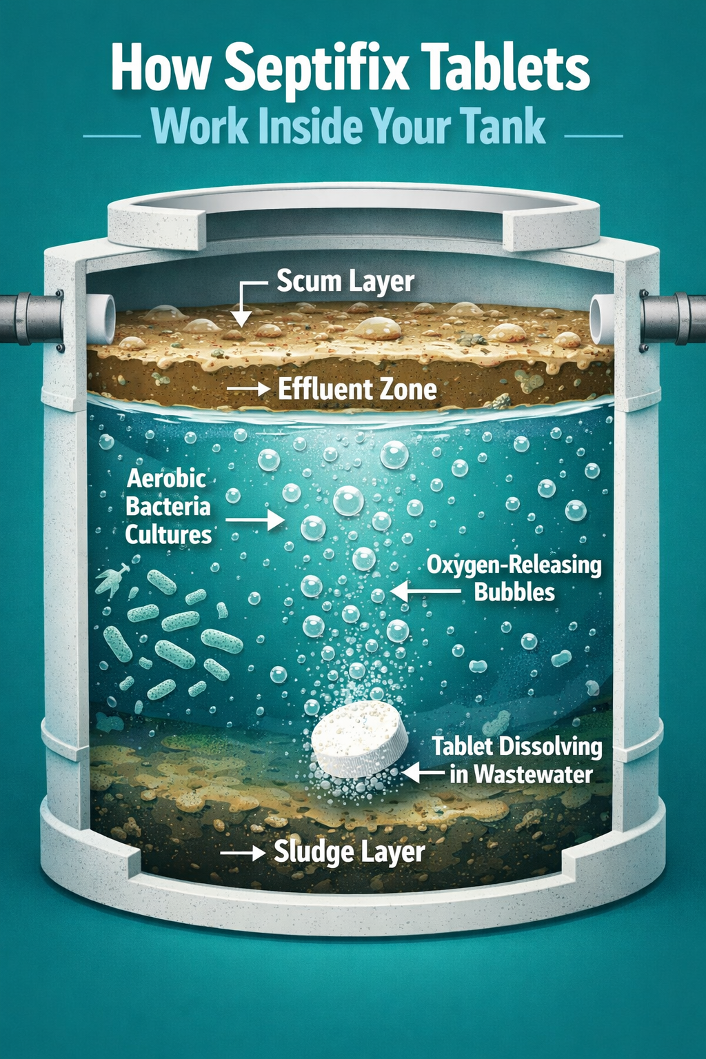 Portrait/Pinterest format () detailed illustration showing a cross-section of an underground septic tank with labeled