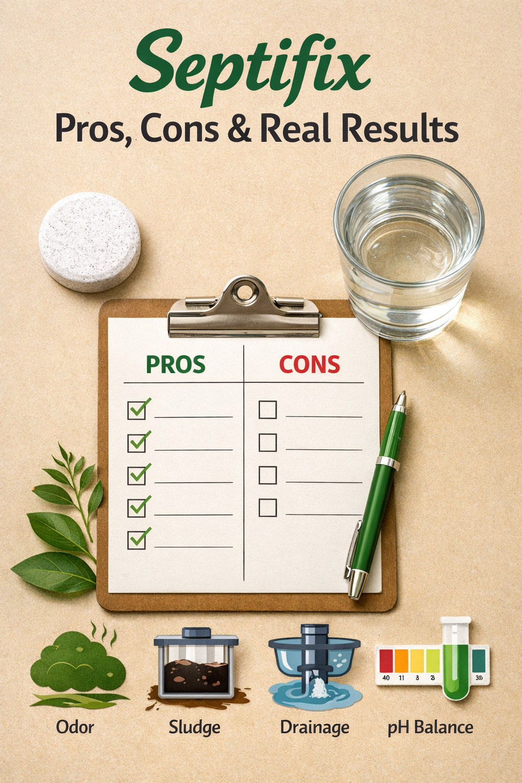 Portrait/Pinterest format () flat-lay product comparison image showing Septifix tablet next to a glass of clean water, a