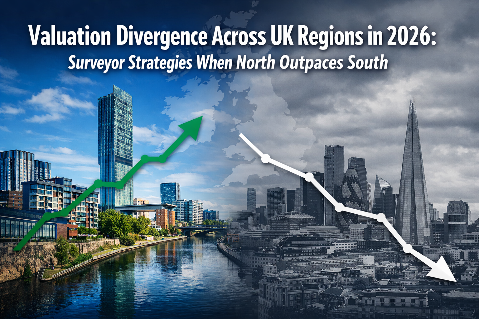 Professional () editorial hero image with white 'Valuation Divergence Across UK Regions in 2026: Surveyor Strategies When