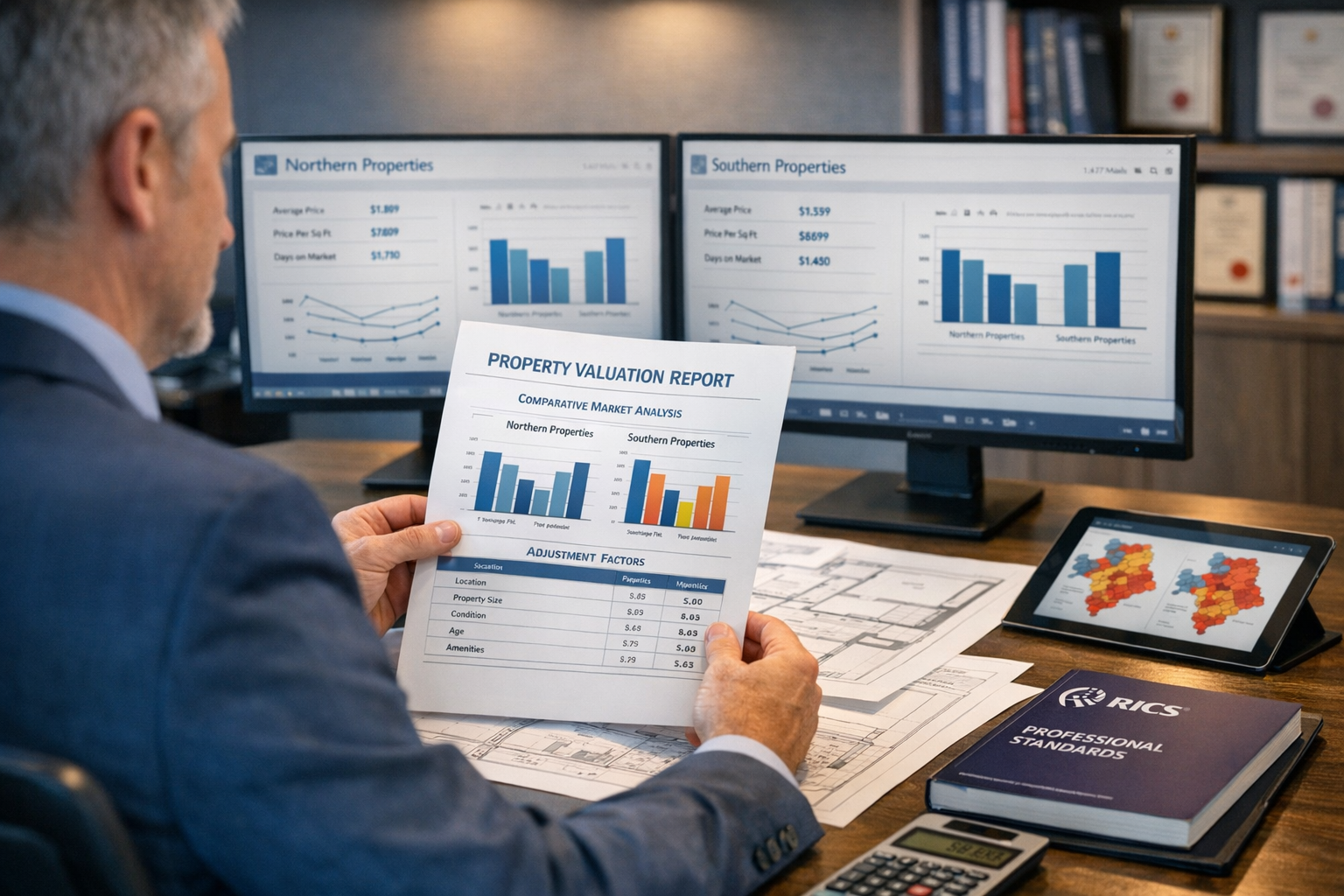 () professional photograph of chartered surveyor in business attire reviewing property valuation report at modern desk with