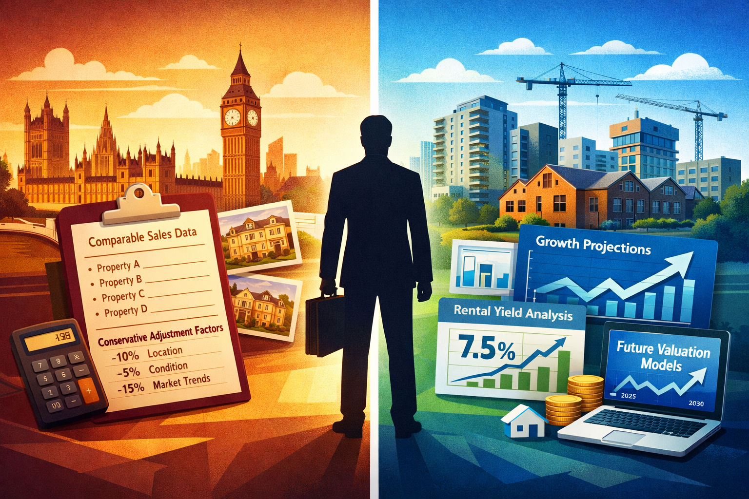 () conceptual split-screen illustration showing surveyor toolkit adaptation: left side displays traditional southern market