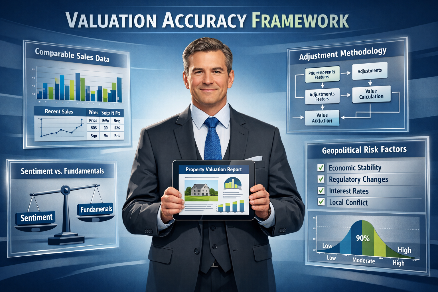 () conceptual illustration depicting valuation accuracy framework with central image of professional chartered surveyor in