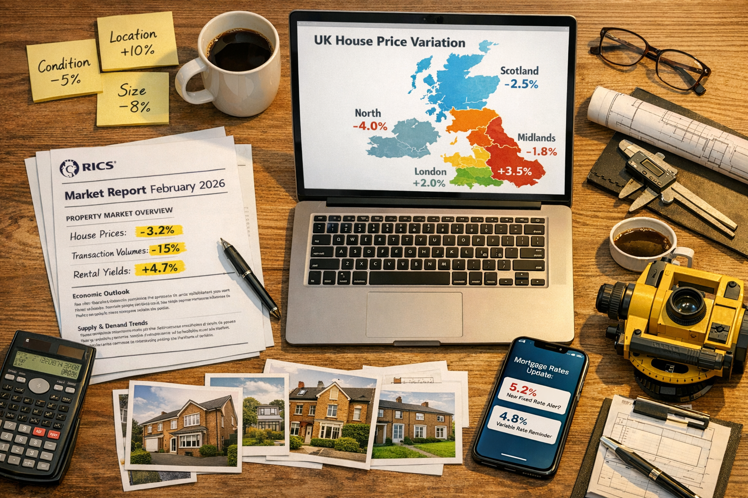 () strategic planning scene showing surveyor's desk from above with multiple elements: RICS February 2026 market report