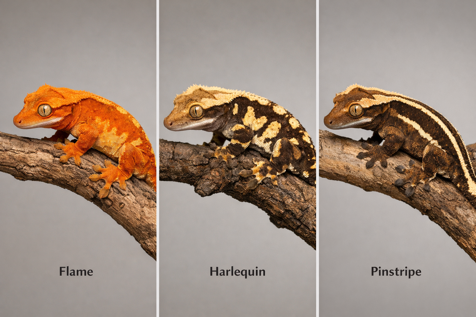 Detailed landscape format (1536x1024) comparison image showing three distinct crested gecko morphs side by side: flame pattern on left with 