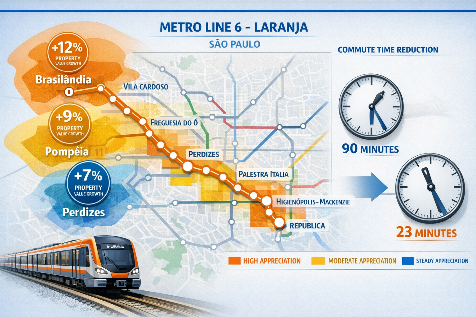 Detailed landscape format (1536x1024) infographic showing Metro Line 6-Laranja route map across São Paulo with station markers, neighborhood