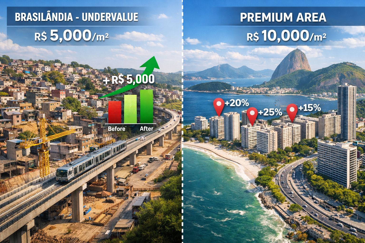 Professional landscape format (1536x1024) split-screen comparison image showing undervalued vs premium neighborhoods in São Paulo and Rio de