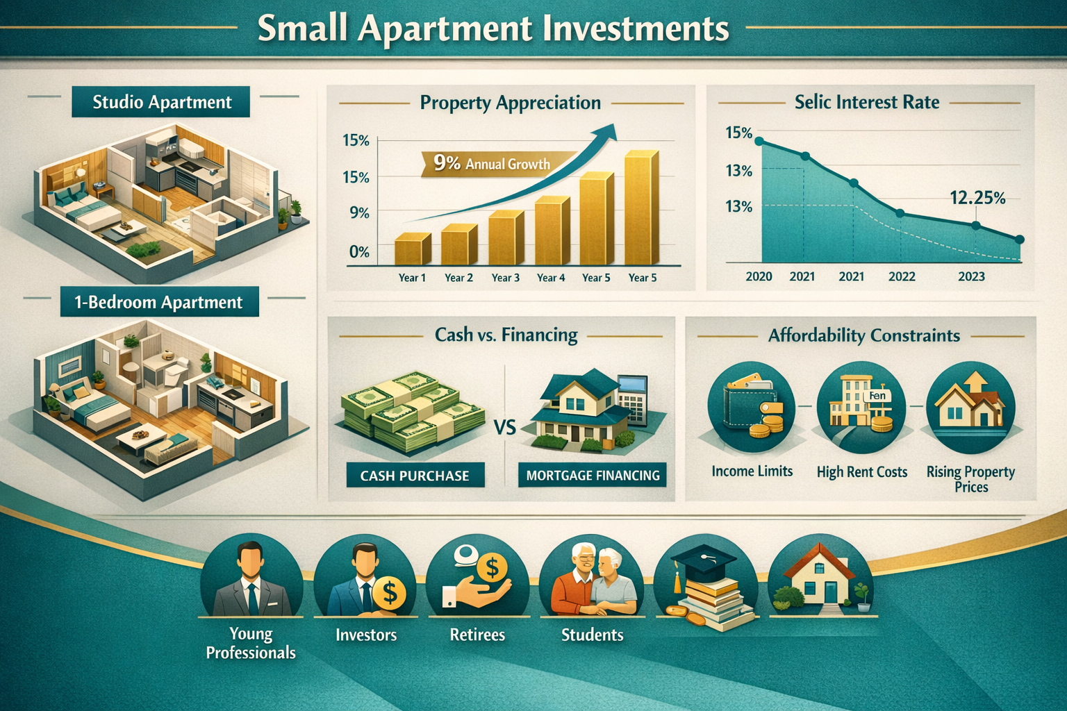 Detailed landscape format (1536x1024) strategic investment visualization featuring small apartment units (studios and one-bedroom) with floo