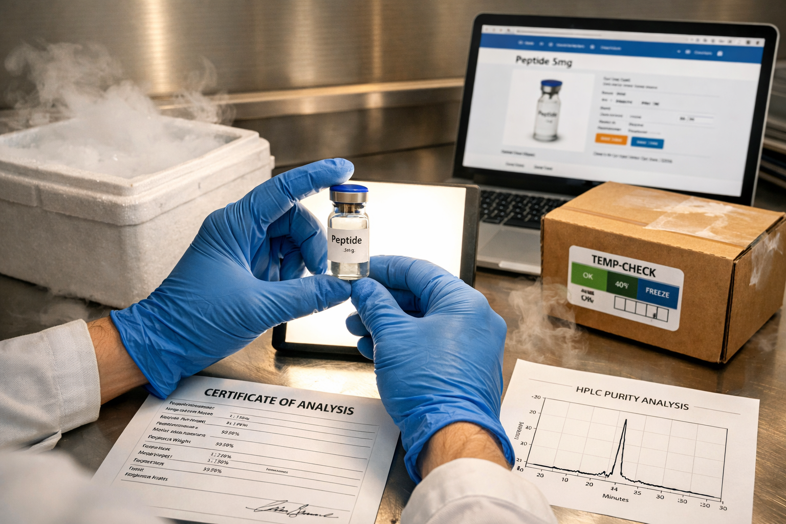 Detailed () image depicting a researcher's hands wearing blue nitrile gloves carefully examining a sealed peptide vial