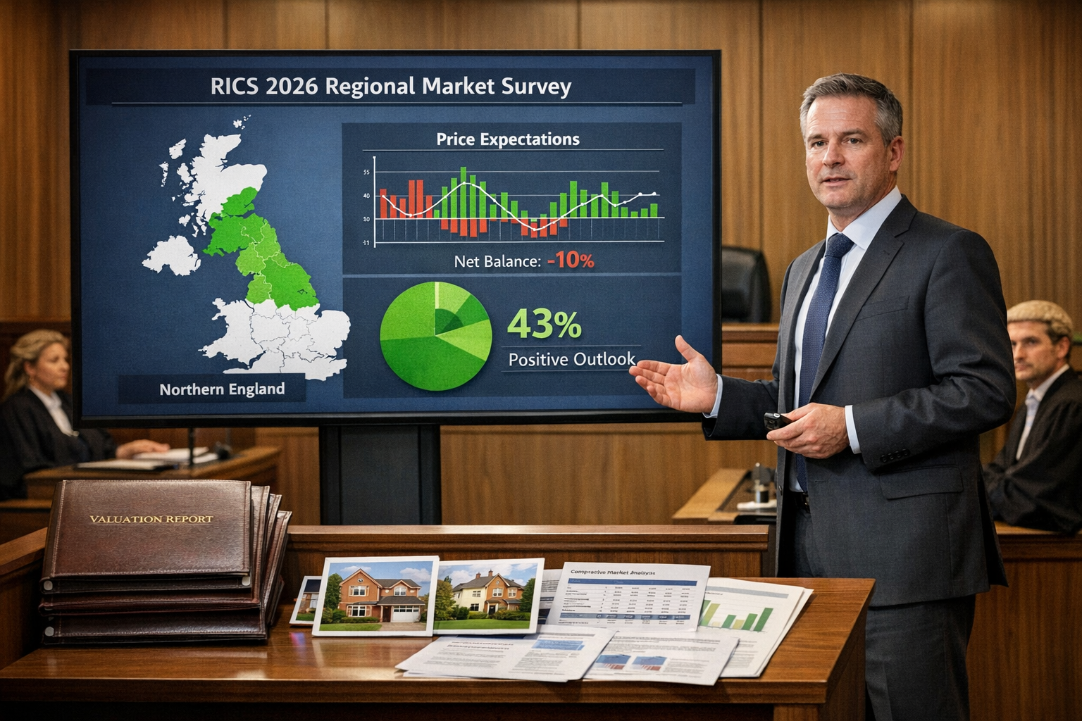 Detailed () image showing professional surveyor in business attire presenting evidence in modern UK courtroom setting.