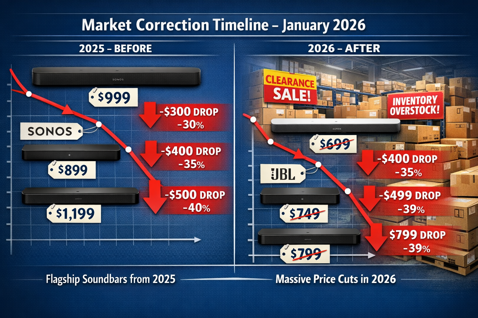 Landscape format (1536x1024) detailed infographic showing market correction timeline from January 2026 with declining price graph overlaid o