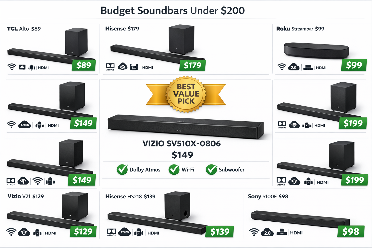 Landscape format (1536x1024) product showcase grid displaying 10 budget soundbars under $200 arranged in professional catalog style. Each so