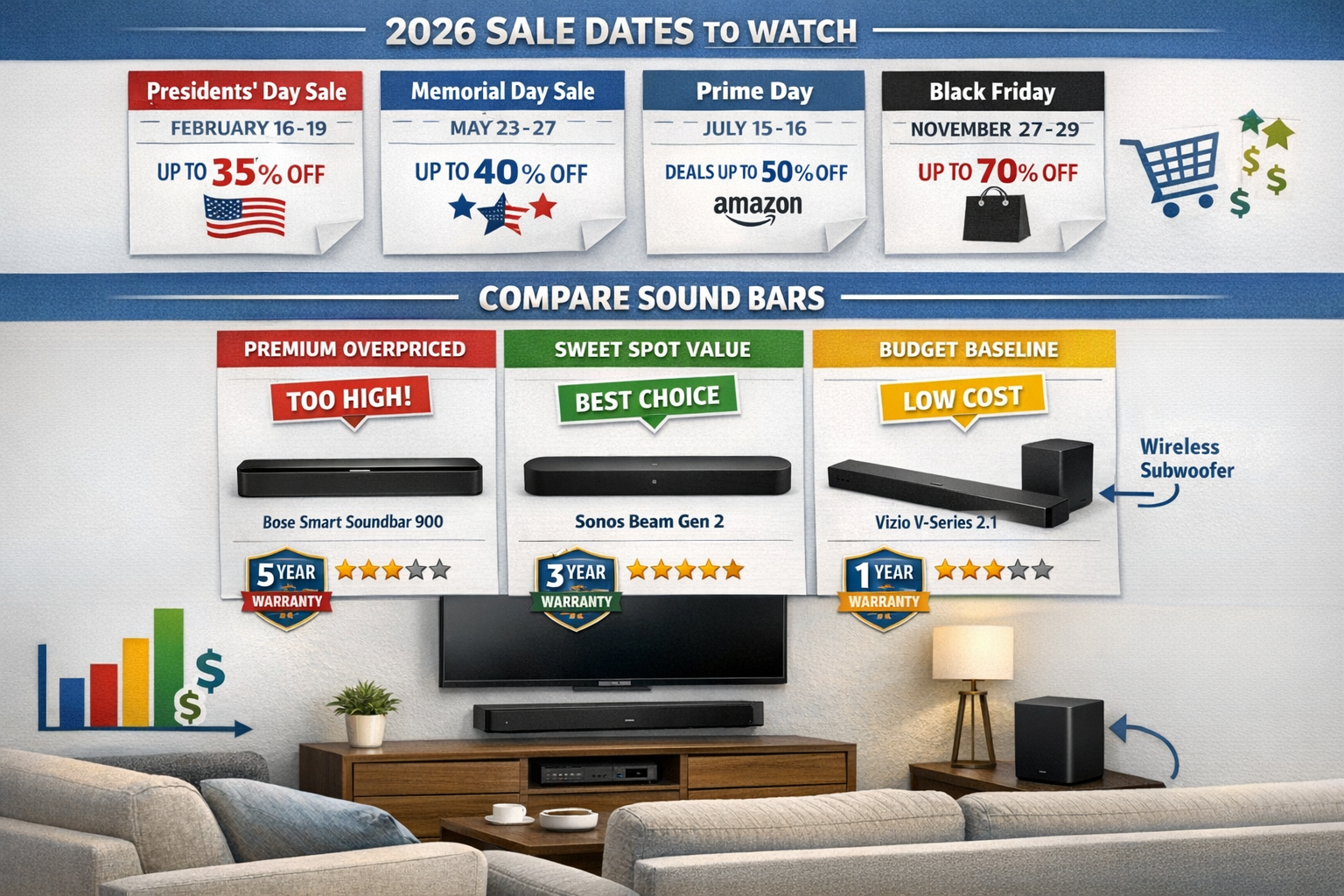 Landscape format (1536x1024) consumer shopping guide visual showing smart buyer navigating sales season. Split composition: top half display