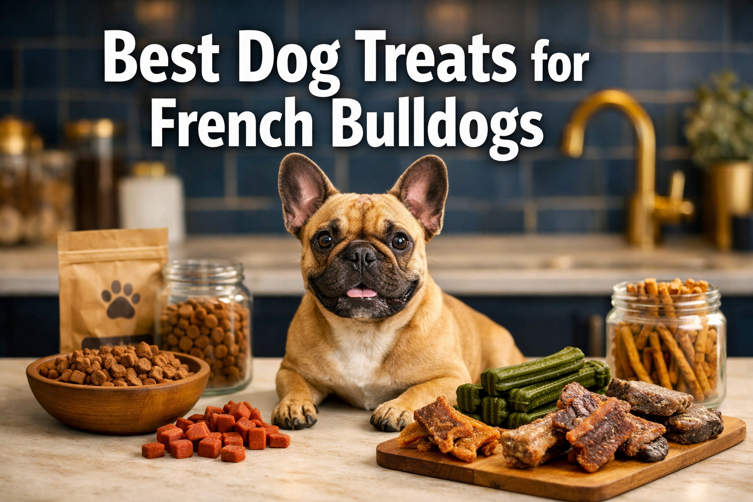 Professional landscape hero image (1536x1024) featuring bold text overlay 'Best Dog Treats for French Bulldogs' in extra large 72pt white sa