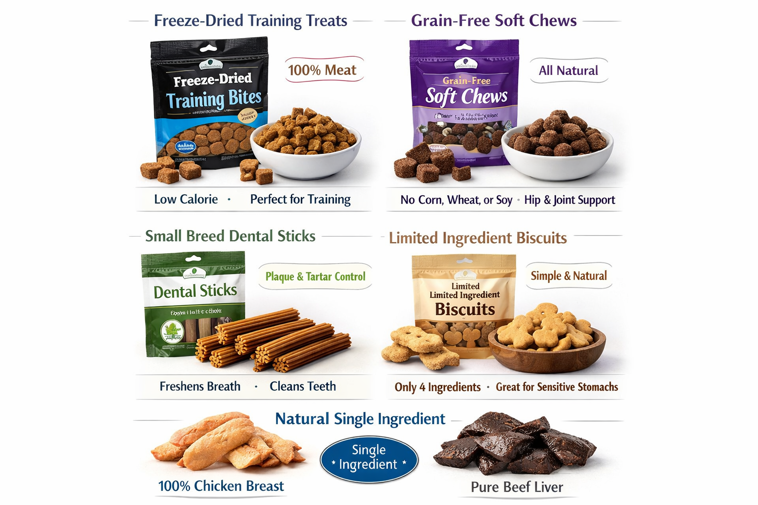 Premium dog treat product showcase featuring top-rated treats for French Bulldogs arranged in elegant grid layout. Visual includes freeze-dr