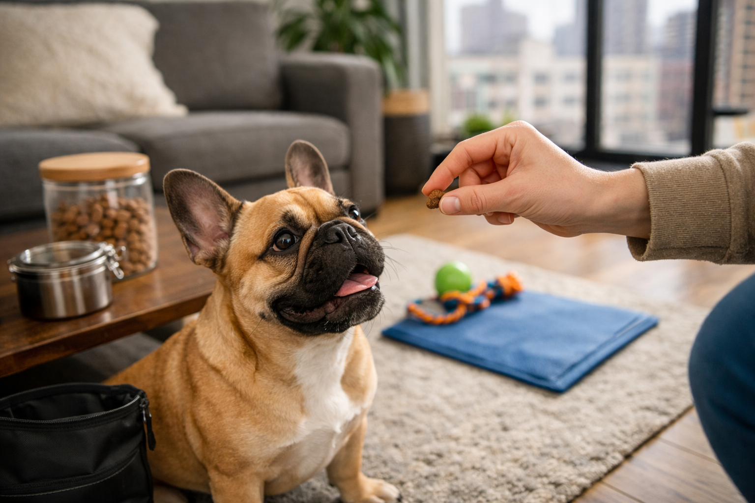 French Bulldog training scene in modern apartment setting showing proper treat-giving technique during positive reinforcement training sessi