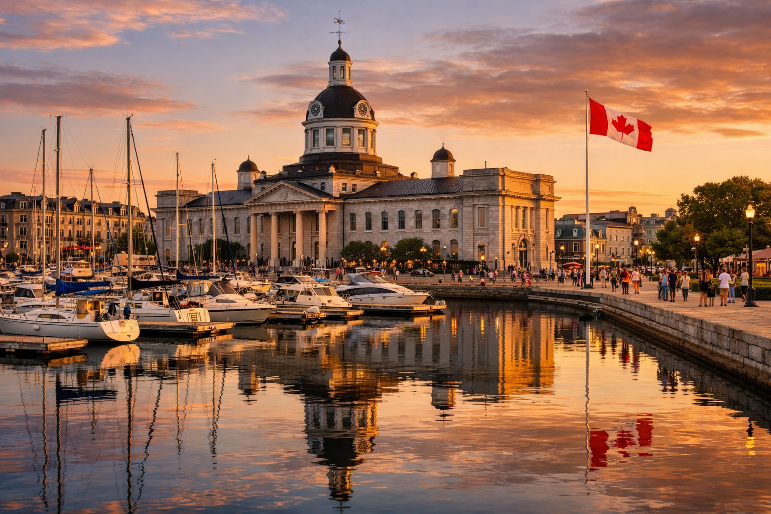 Detailed () editorial photograph of Kingston Ontario waterfront at sunset, showing the iconic limestone City Hall building