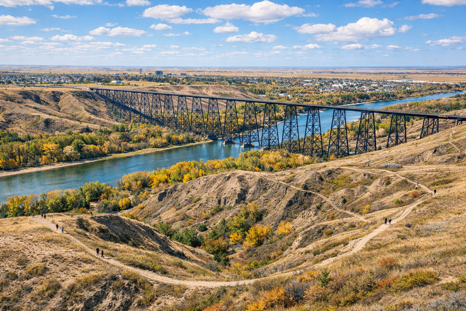 Detailed () aerial photograph of Lethbridge Alberta showing the dramatic coulee landscape with the iconic High Level Bridge