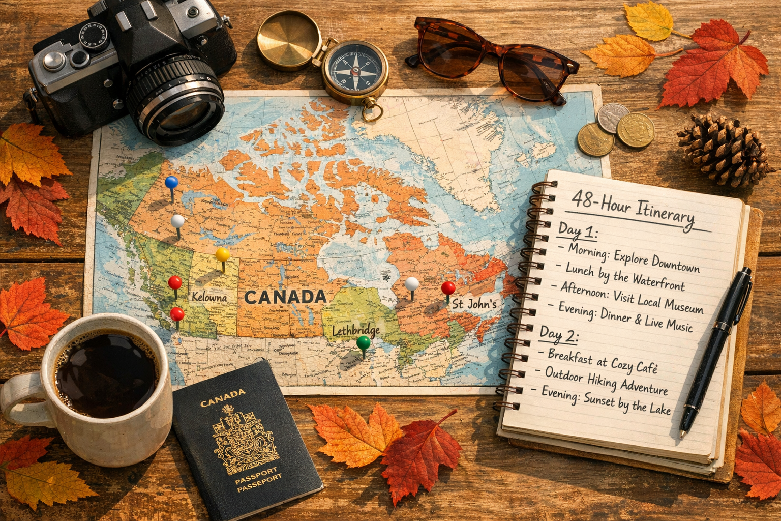 Detailed () collage-style travel planning image showing a flat-lay arrangement on a wooden table: a map of Canada with pins