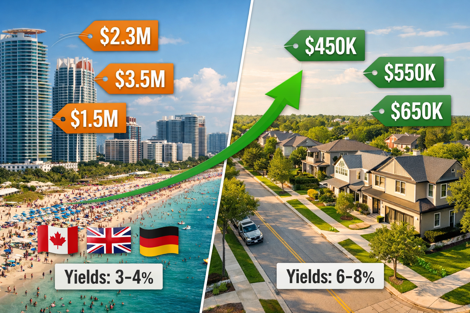 Detailed () editorial photograph showing split-screen comparison: left side displays crowded Miami beachfront with high-rise