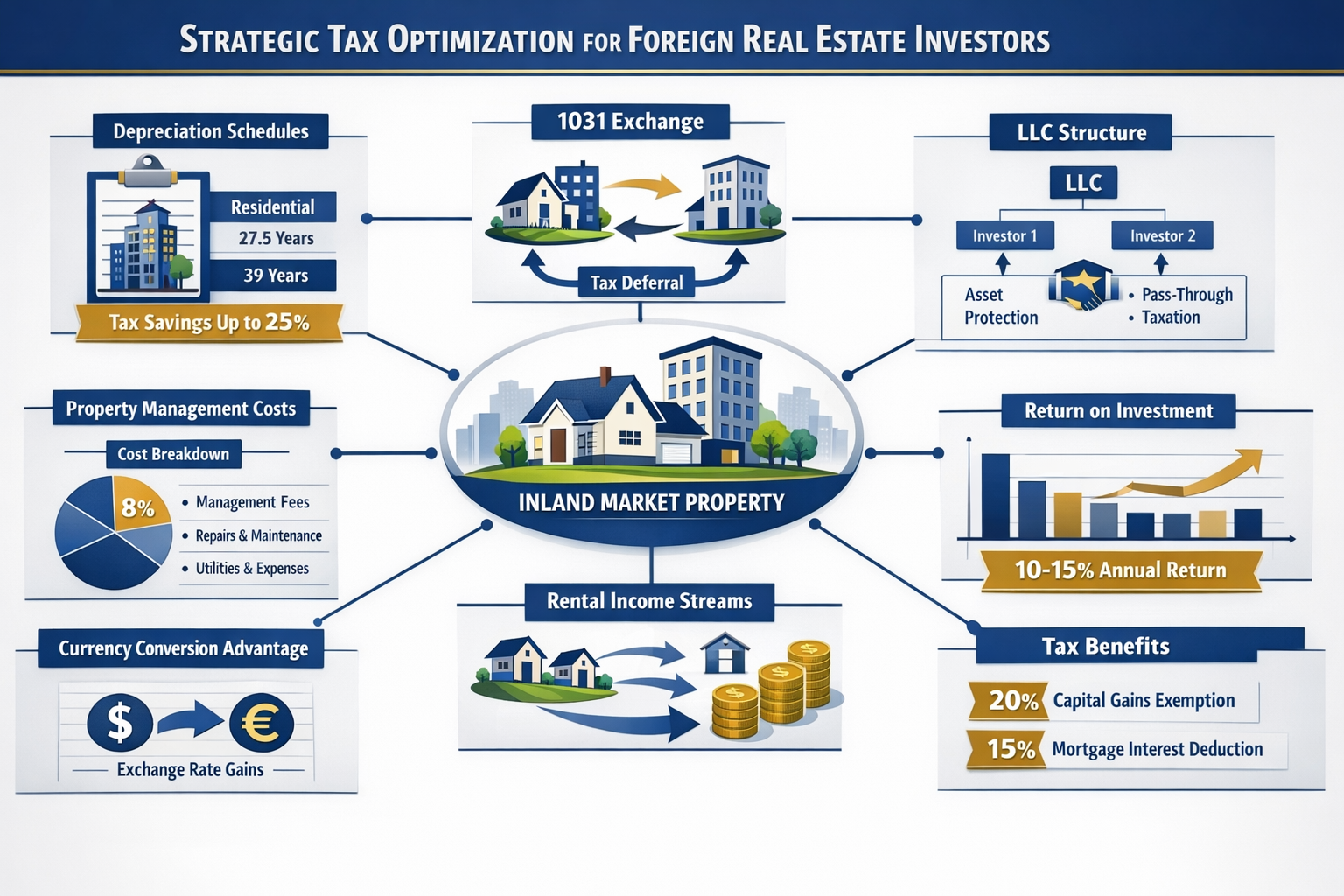 Detailed () infographic-style illustration showing strategic tax optimization flowchart for foreign real estate investors.