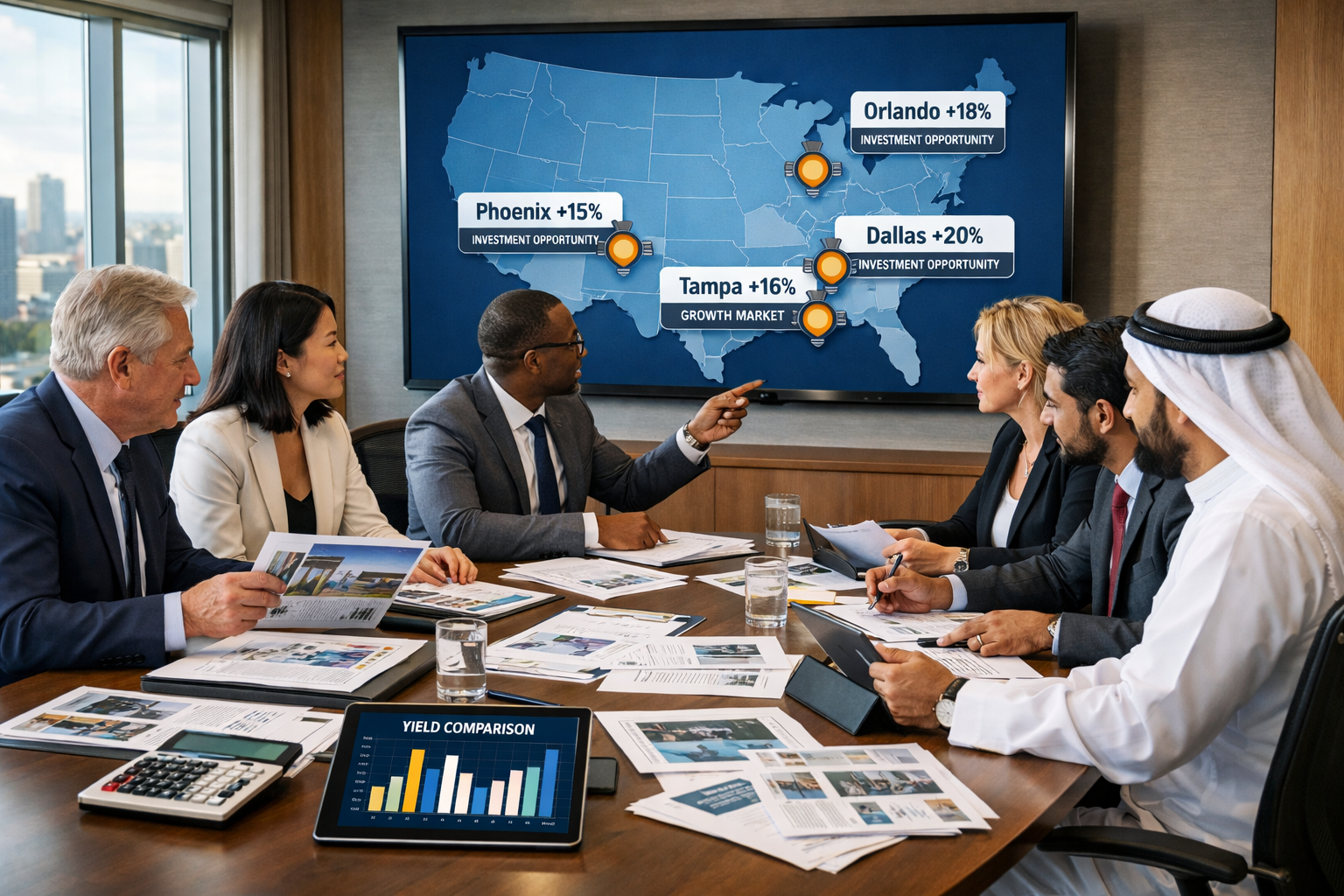 Detailed () conceptual business photograph showing diverse group of international investors reviewing property portfolios in