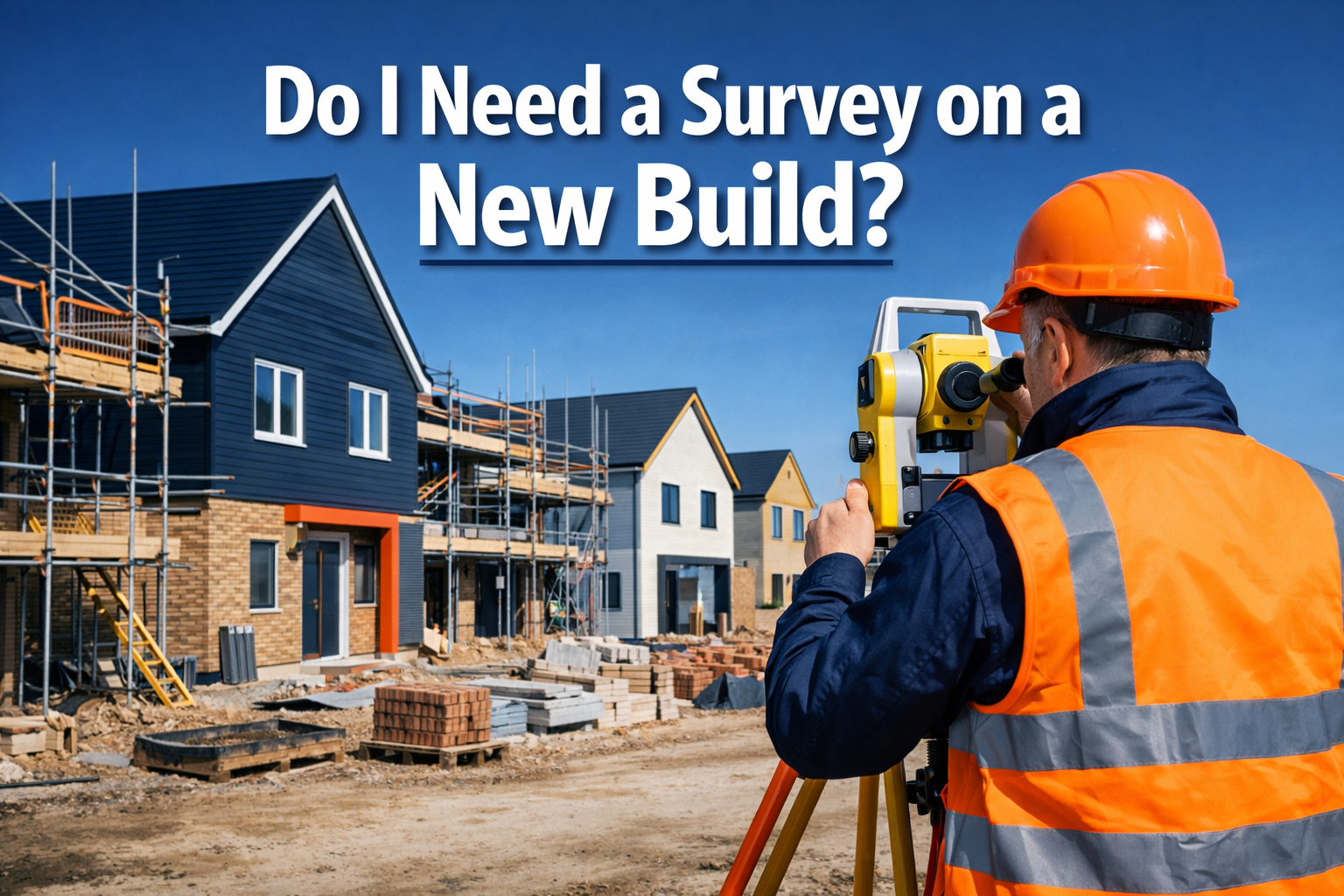 Professional landscape format (1536x1024) hero image featuring bold text overlay 'Do I Need a Survey on a New Build?' in extra large 72pt wh