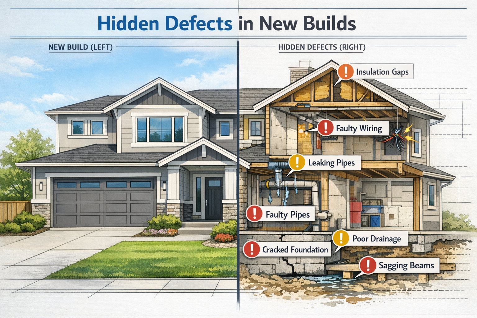 Landscape format (1536x1024) detailed illustration showing split-screen comparison of new build home exterior on left side appearing pristin