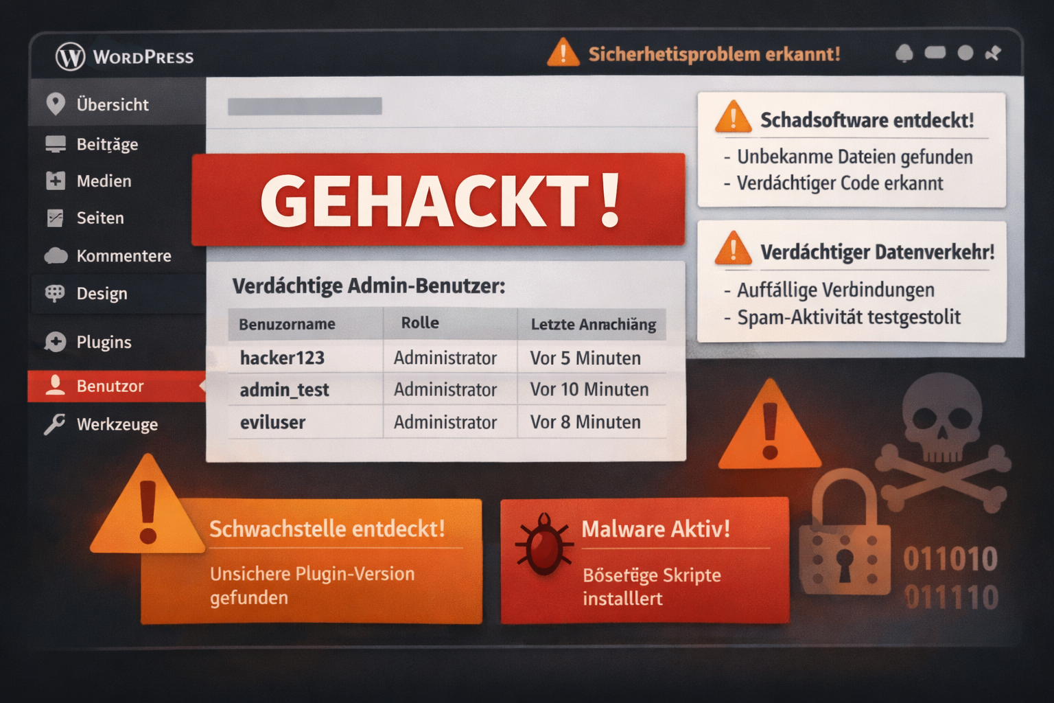() infographic-style illustration showing a WordPress dashboard with red 'GEHACKT' warning banner overlaid, suspicious admin