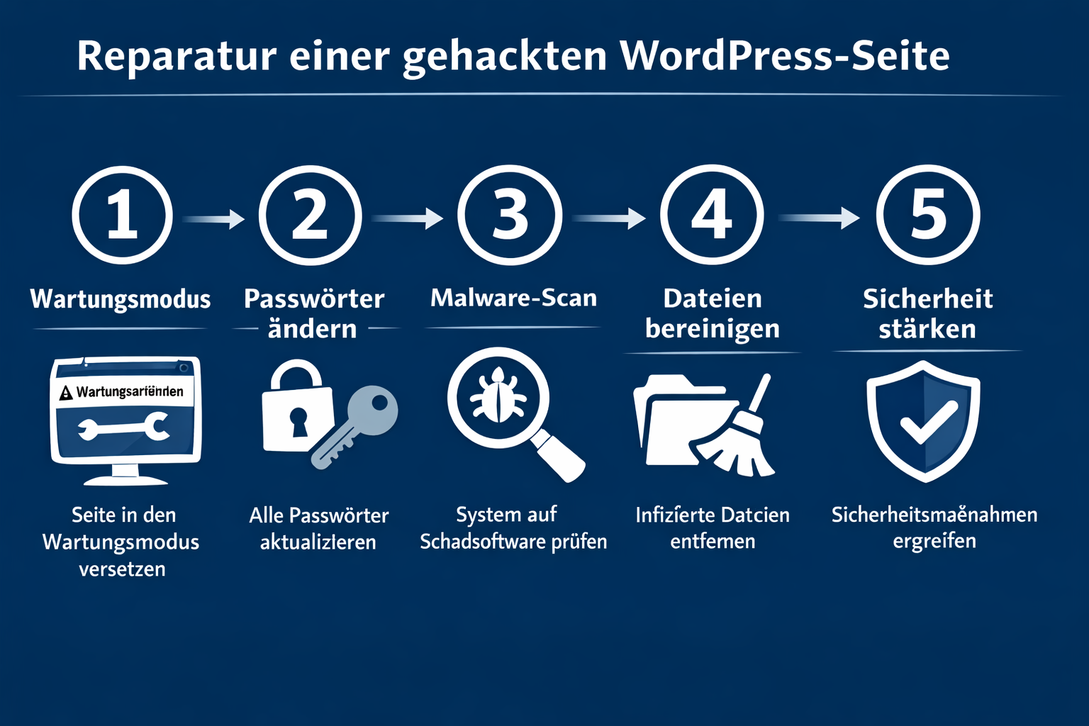 () step-by-step process diagram showing five numbered steps for WordPress hack repair in German: '1. Wartungsmodus', '2.