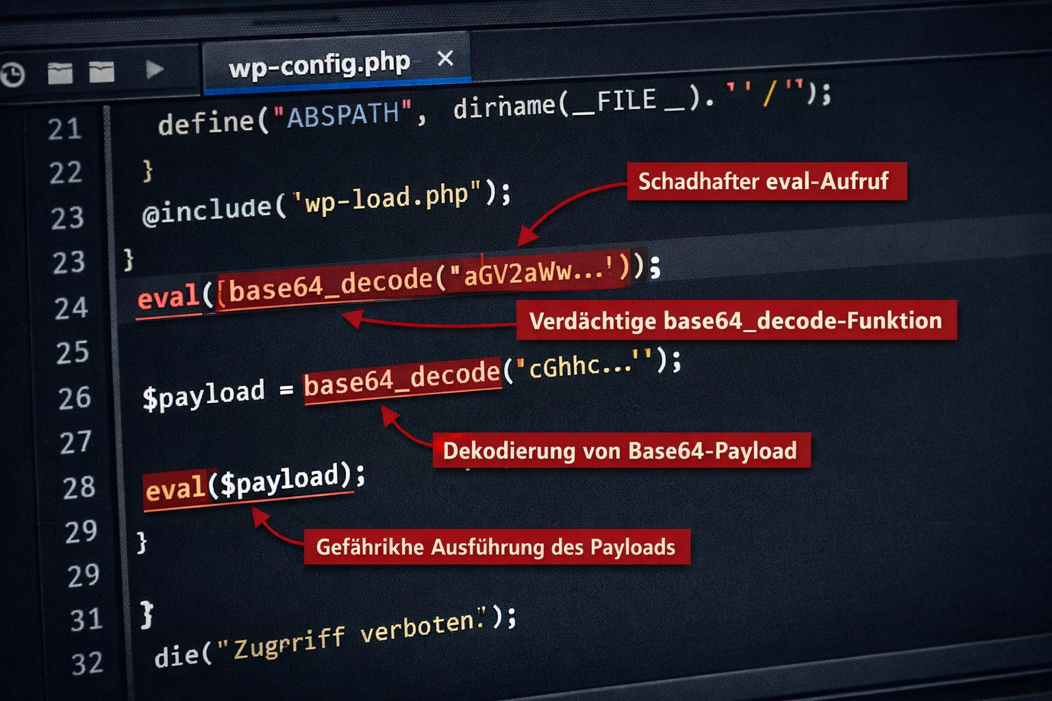 () close-up technical scene showing a code editor with highlighted suspicious PHP code containing 'base64_decode' and 'eval'