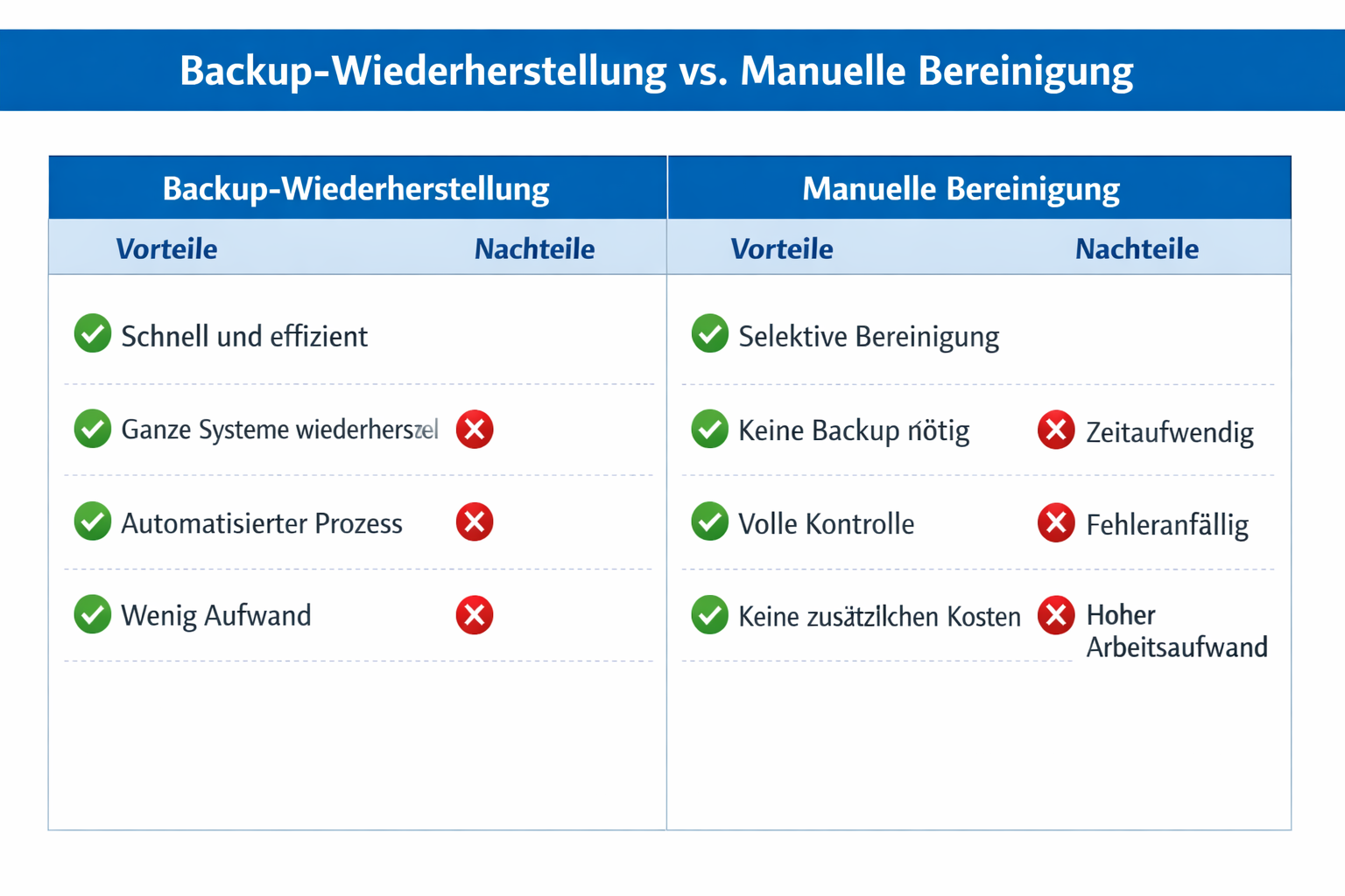() comparison table visualization showing 'Backup-Wiederherstellung vs. Manuelle Bereinigung' side by side with German