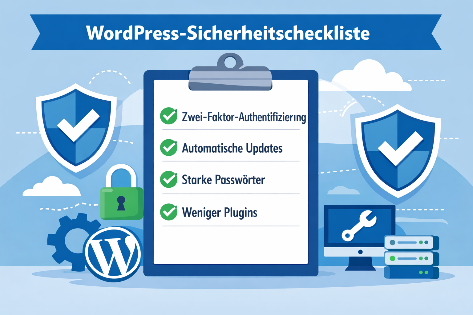 () WordPress security checklist illustration showing a clipboard with German security items being checked off: